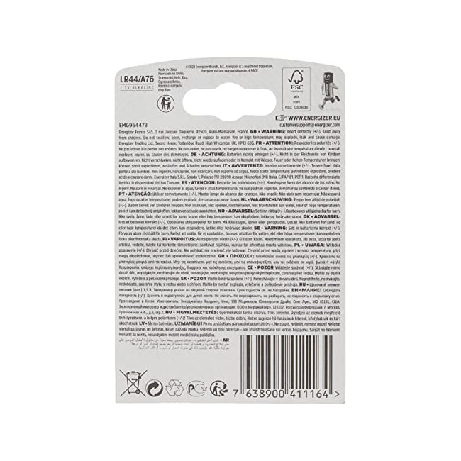Energizer LR44/A76 Piles Alcalines, 1.5V, Lot de 4