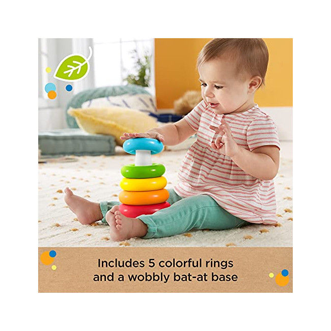 Fisher-Price Pyramide Arc-en-Ciel jouet bébé, anneaux de couleurs à empiler, matériaux d’origine végétale, 6 mois et