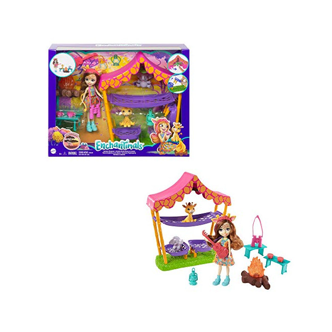 Enchantimals Savane Ensoleillée coffret Bivouac en Savane avec mini-poupée Griselda Girafe, 2 figurines animales et